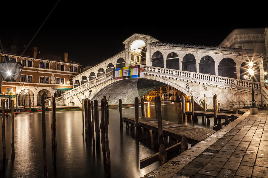 Architecture Photograph - VENICE Rialto Bridge at Night by Melanie Viola