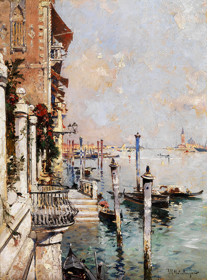 Venice view from a canal across the Grand Canal towards the church of San Giorgio Painting by Franz Richard Unterberger