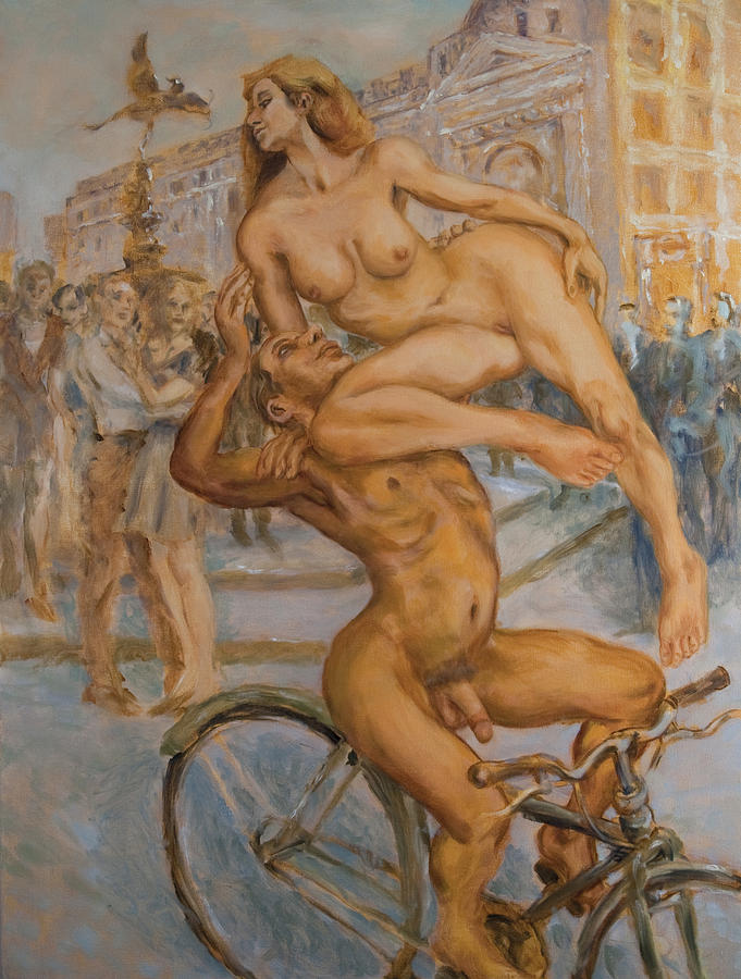 Venus and Adonis cycling under Eros Painting by Peregrine Roskilly