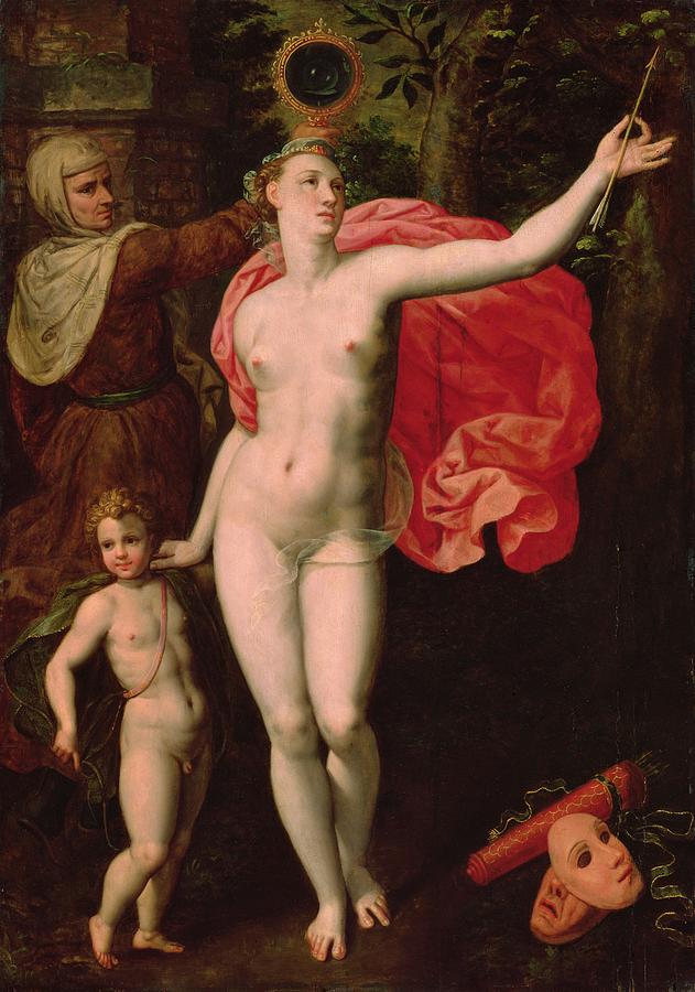 Nude Photograph - Venus And Cupid, Allegory Of The Truth Oil On Wood by Jacques de Backer