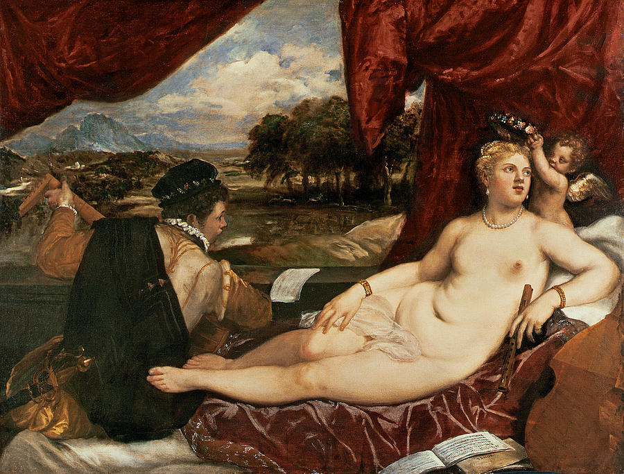 Titian Painting - Venus And Cupid With A Lute Player by Titian