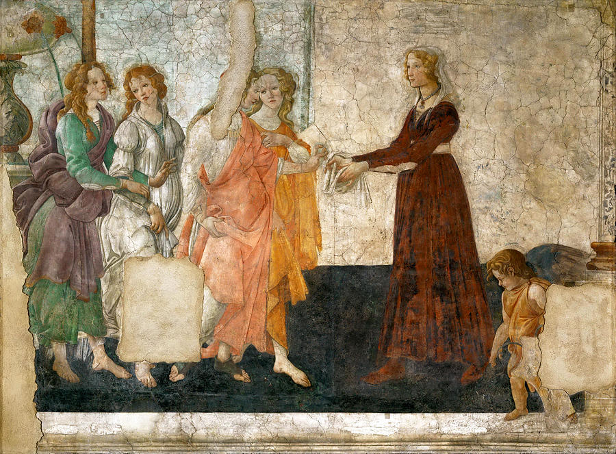 Venus and the Three Graces offering presents to a young girl Painting by Sandro Botticelli