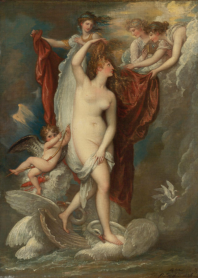 Venus at her Birth attired by the three Graces Painting by Benjamin West