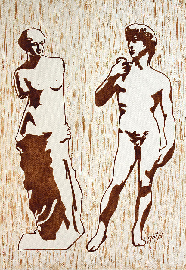 Venus de Milo and David statues original dark beer painting Painting by Georgeta Blanaru