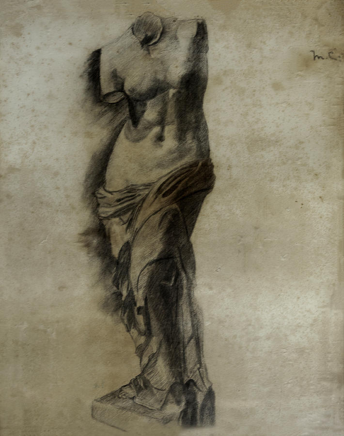 Venus De Milo charcoal drawing, print of a Venus with prosthetic hands