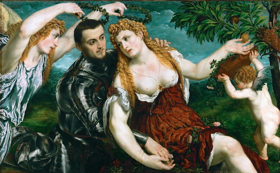 Venus Mars and Cupid crowned by Victory Painting by Paris Bordone