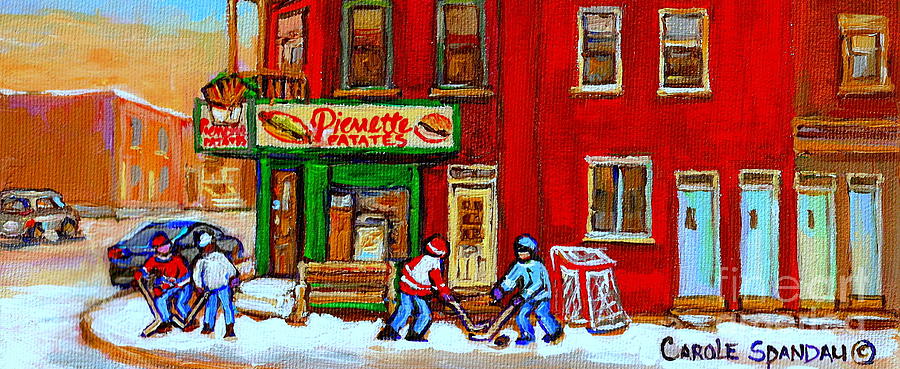 Verdun Art Winter Street Scenes Pierrette Patates Resto Hockey Painting Verdun Montreal Memories Painting by Carole Spandau