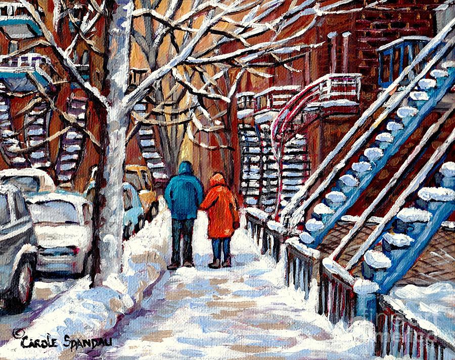 City Scene Painting - Verdun Avenues Winter Couple Near Winding Staircases Canadian Urban Landscape Paintings C Spandau by Carole Spandau