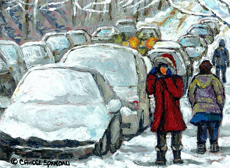 Verdun Girl In Red Coat Snowed In Cars Winter Street Scene Paintings Montreal Art Carole Spandau Painting by Carole Spandau