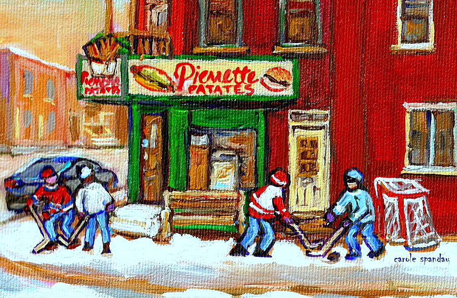 Verdun Hockey Game Corner Landmark Restaurant Depanneur Pierrette Patate Winter Montreal City Scen Painting by Carole Spandau