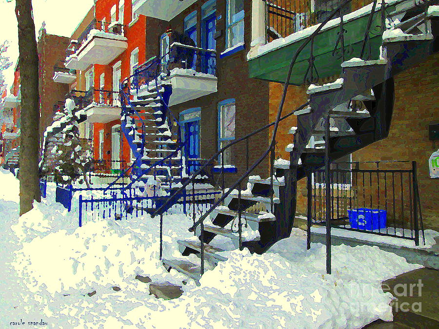 Winter Painting - Verdun Stairs Shovelling The Steps In Winter Montreal Street Scene Carole Spandau by Carole Spandau