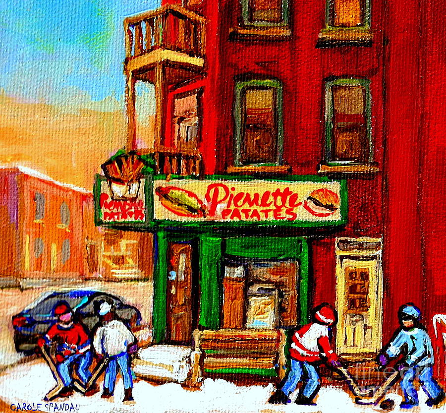 Verdun Street Hockey Pierrettes Restaurant Rue 3900 Verdun -landmark Montreal Hockey Art Work Scenes Painting by Carole Spandau