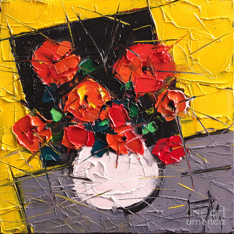 Vermilion Flowers On Black Square Painting by Mona Edulesco
