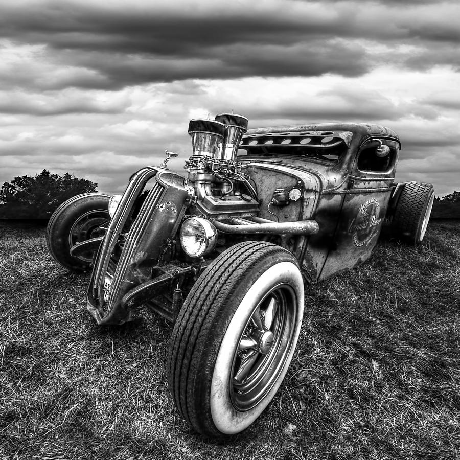 Vermins Diner Rat Rod Front in Black and White Photograph by Gill Billington