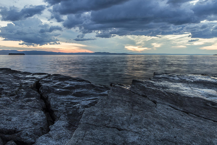 Sunset Photograph - Vermont Lake Champlain Storm clouds sunset rocky shoreline by Andy Gimino