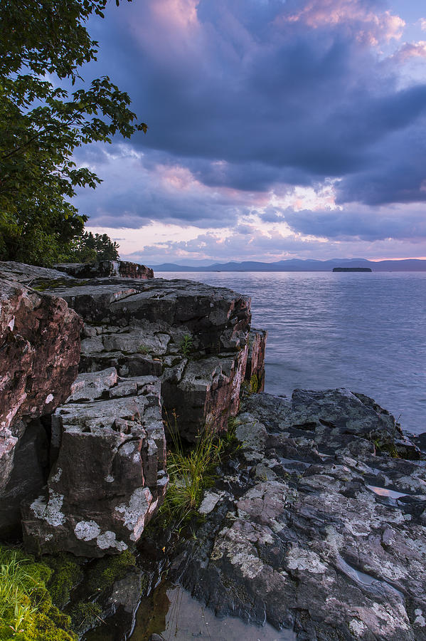 Sunset Photograph - Vermont Lake Champlain Sunset clouds shoreline by Andy Gimino