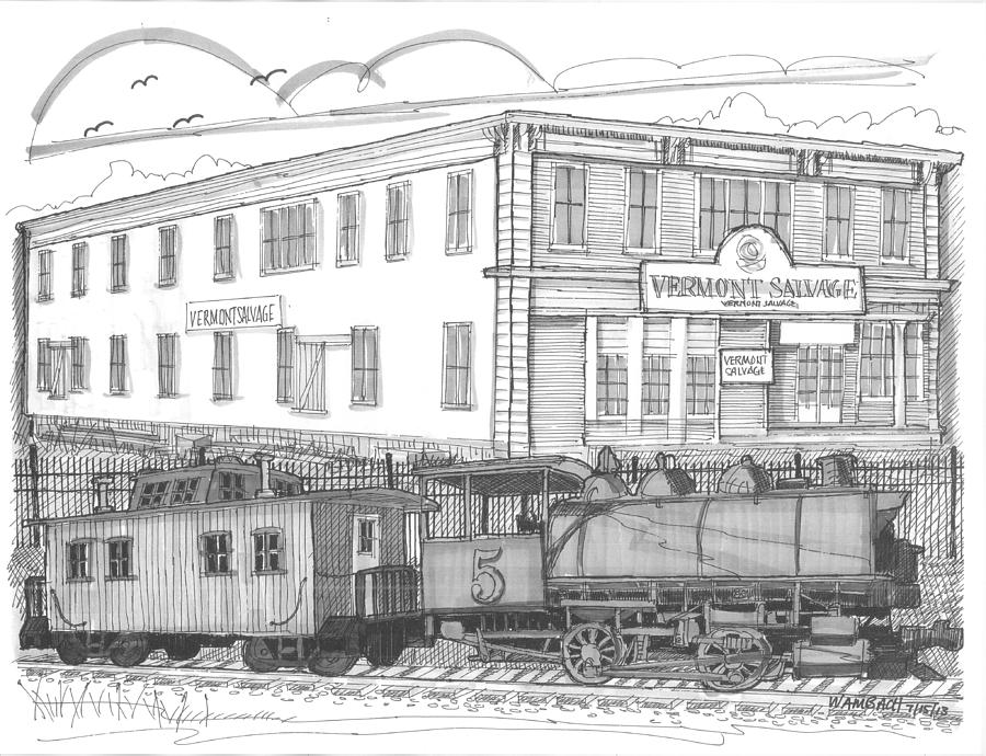 Vermont Salvage and Train Drawing by Richard Wambach