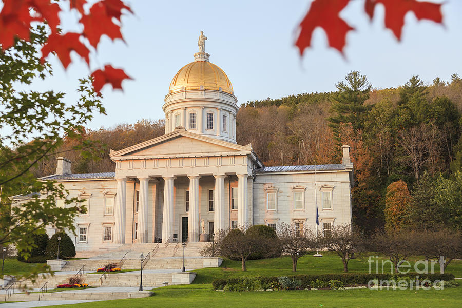 Sunset Photograph - Vermont state capitol building at sunset Montpelier by Ken Brown
