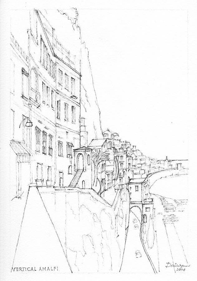 Vertical Amalfi Pencil and Ink Sketch Drawing by Dai Wynn