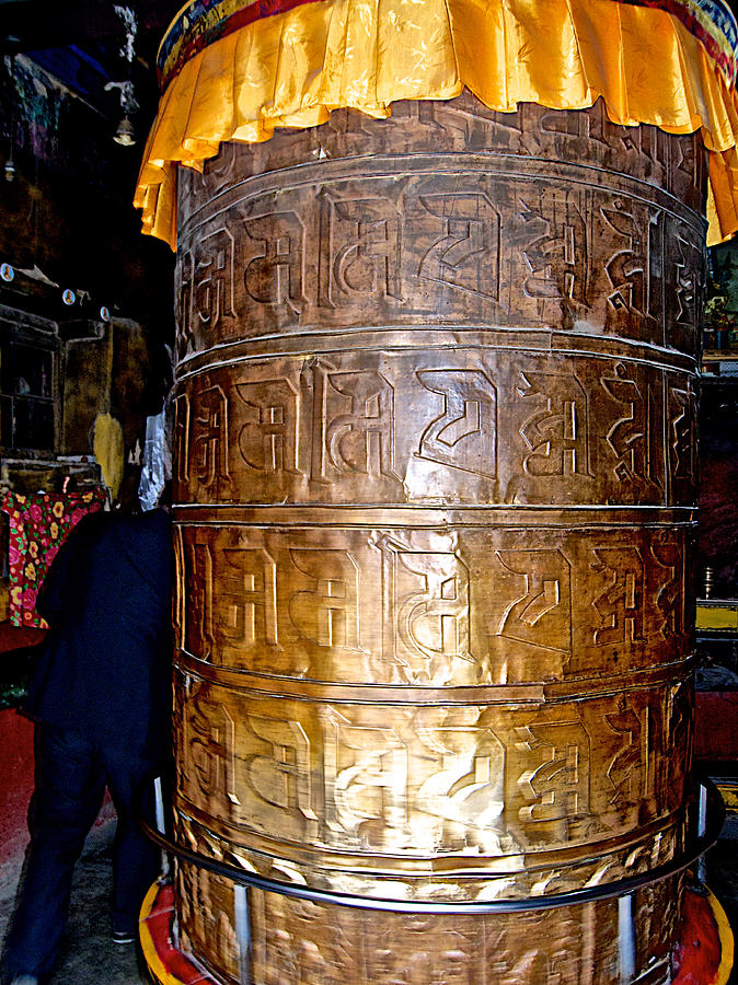 Tibet Photograph - Very Large Prayer Wheel for Public Use  on a Street in Lhasa-Tibet by Ruth Hager
