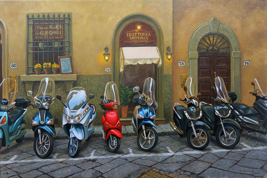 Vespas at the Trattoria Florence Italy Painting by Johanna Girard