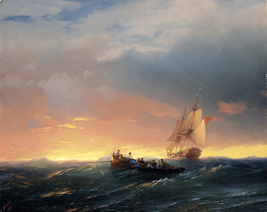Ivan Konstantinovich Aivazovsky Painting - Vessels in a swell at sunset by Ivan Konstantinovich Aivazovsky