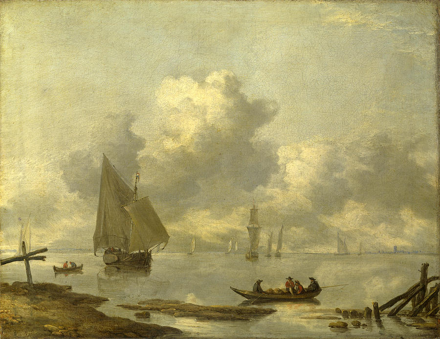 Vessels in Light Airs on a River near a Town Painting by Jan van de Cappelle
