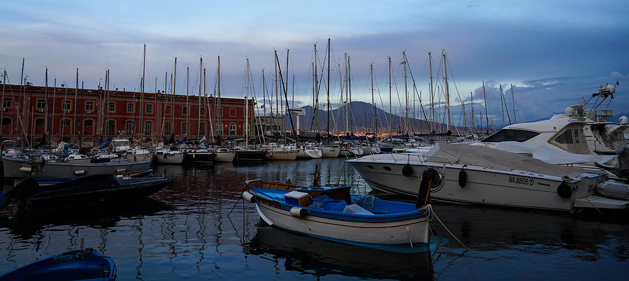 Vesuvius and the Boats - Blue Hour in Naples Italy  Photograph by Georgia Mizuleva