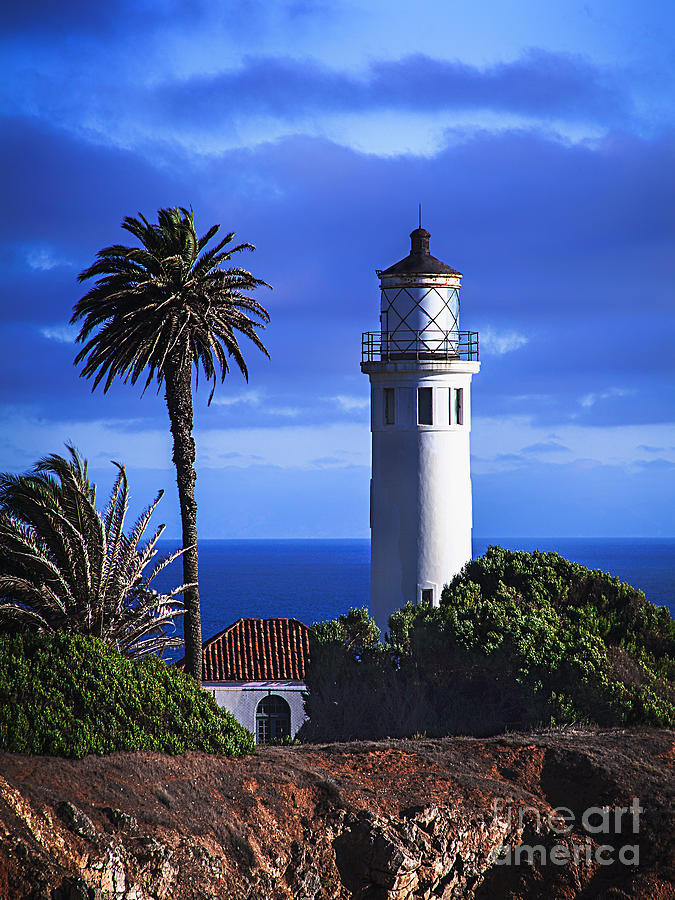 Rocky Coastline Photograph - Vibrant Blue Sky Point Vicente California Lighthouse by Jerry Cowart
