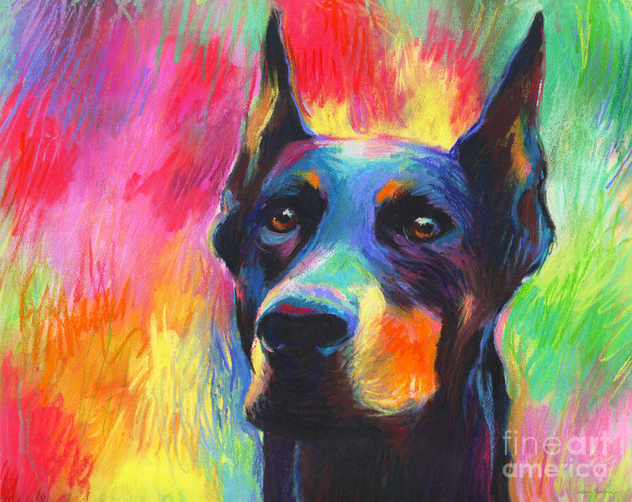 Dog Portrait Painting - Vibrant Doberman Pincher dog painting by Svetlana Novikova