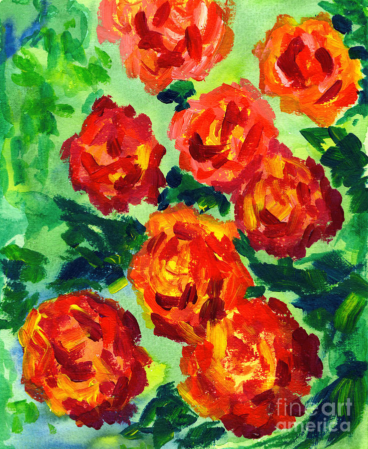 Vibrant Orange Peonies with Green Leaves Painting by Beverly Claire Kaiya