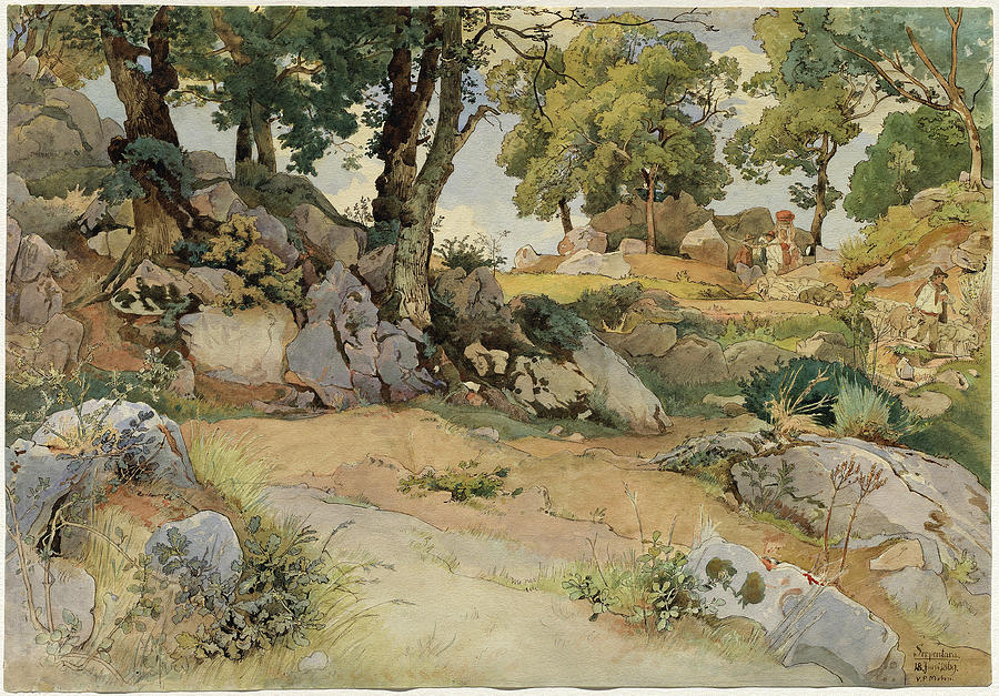 Pen Drawing - Victor Paul Mohn German, 1842 - 1911, Rocks And Oaks by Quint Lox