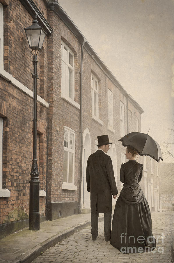 Lamp Photograph - Victorian Couple On A Cobbled Street by Lee Avison