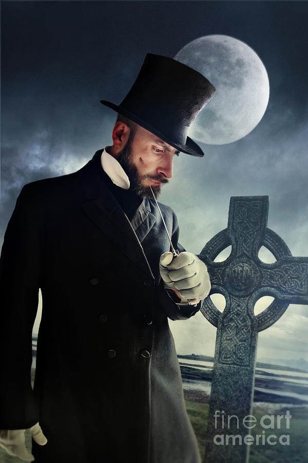 Victorian man holding knife with moon and grave in background Photograph by Sandra Cunningham