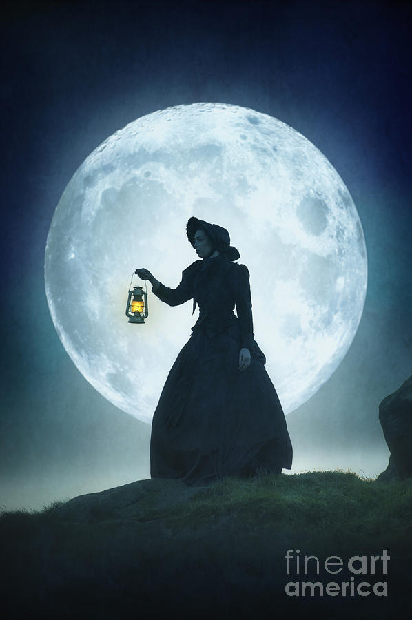 Victorian Woman With Lantern In Silhouette Against A Full Moon