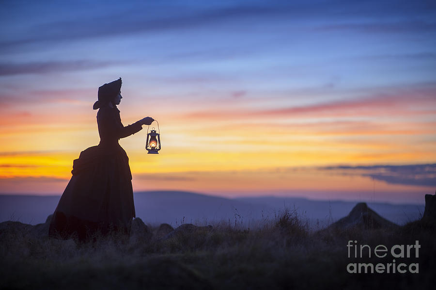 Victorian Woman With Lantern On Moorland At Sunset Photograph By Lee