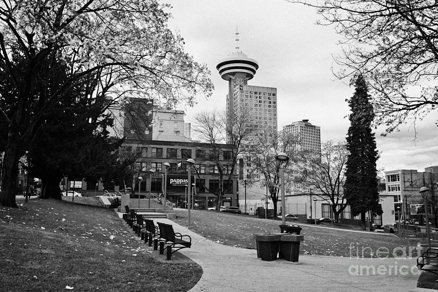 victory square park and Vancouver skyline on overcast cloudy day BC ...