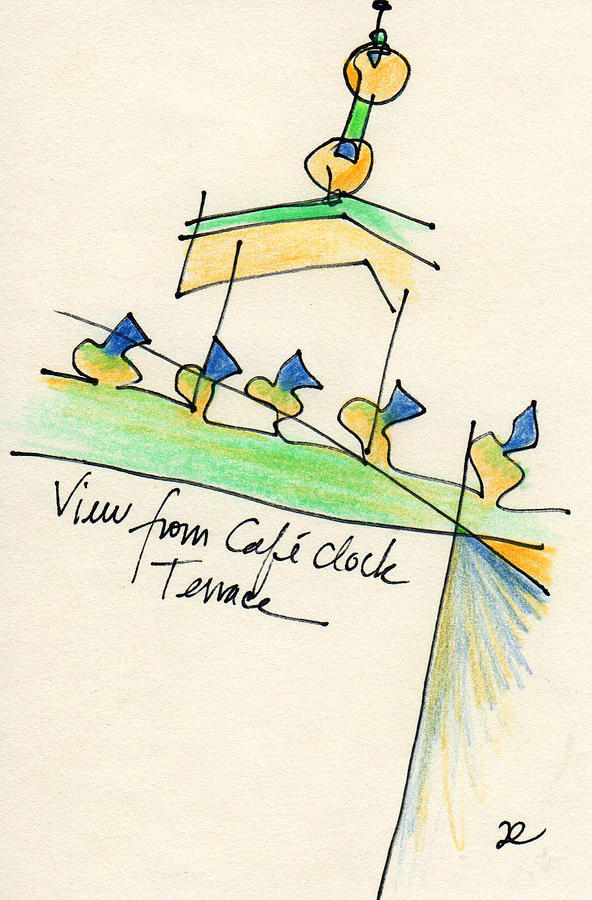 View from Cafe Clock Terrace Drawing by Anna Elkins
