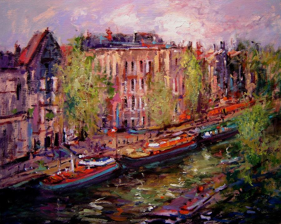 Boat Painting - View from Nikkis room in Prinsengracht by R W Goetting