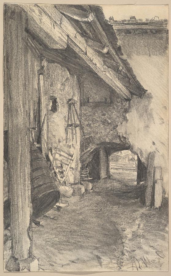 Adolph Menzel Drawing - View Into A Courtyard by Adolph Menzel