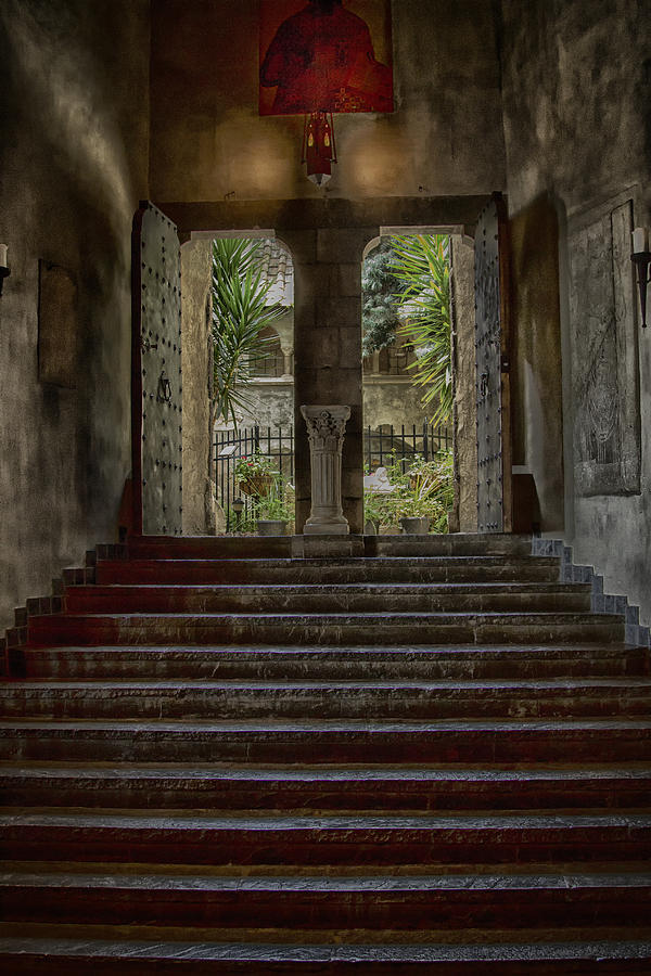 View into the courtyard at Hammond Castle Photograph by John Hoey