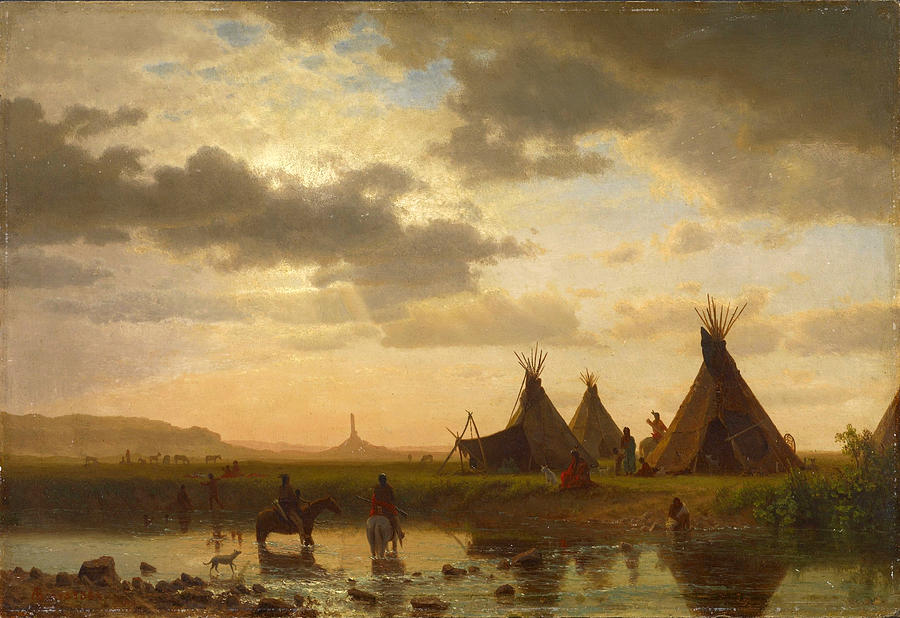 View of Chimney Rock Ohalila .Sioux Village in the foreground Painting by Albert Bierstadt