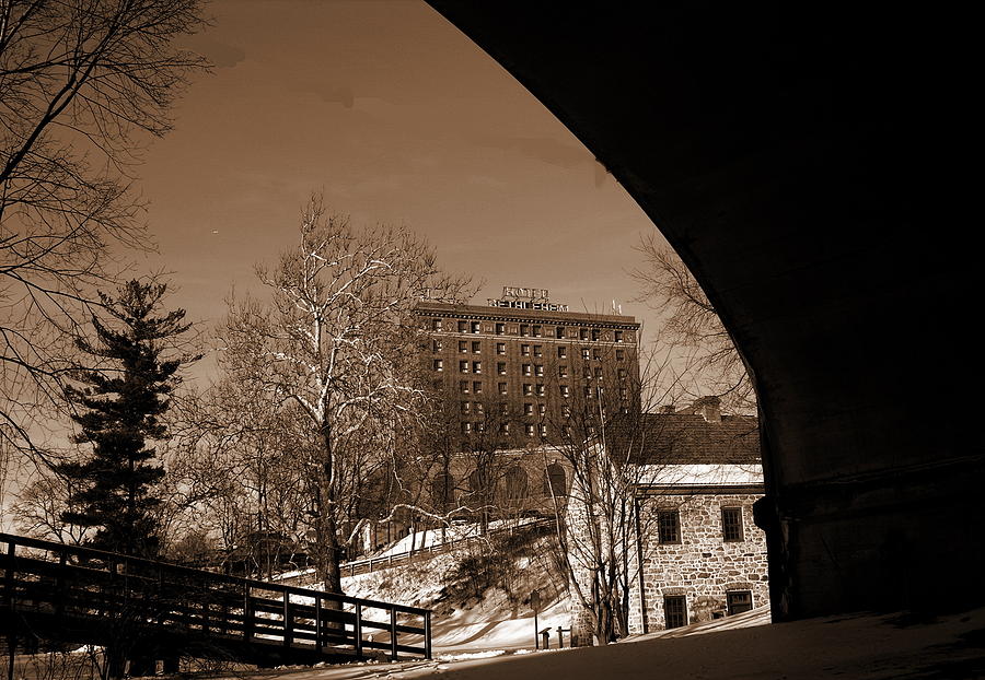 View of Hotel Bethlehem from Colonial Industrial Quarter - Sepia Photograph by Jacqueline M Lewis
