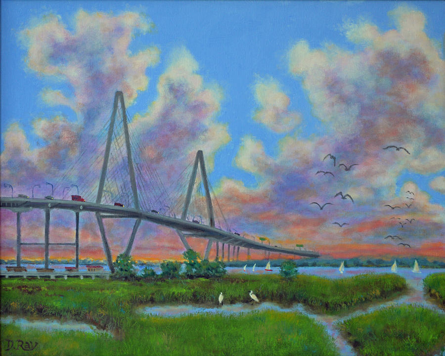 View of Ravenal Bridge from the Marsh Painting by Dwain Ray