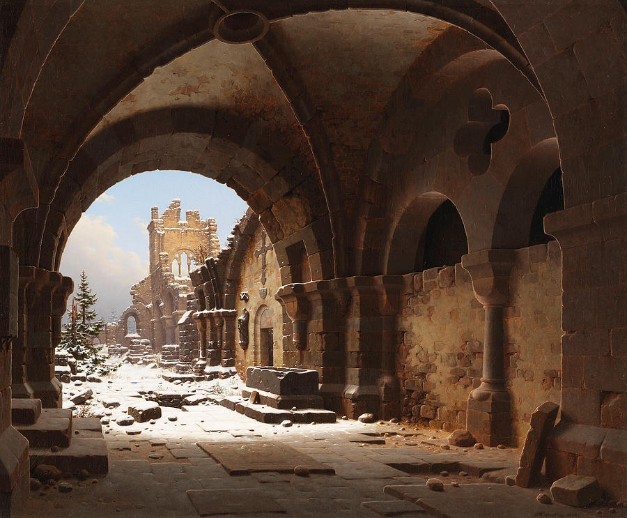 View of the church ruin in winter Painting by Carl Hasenpflug