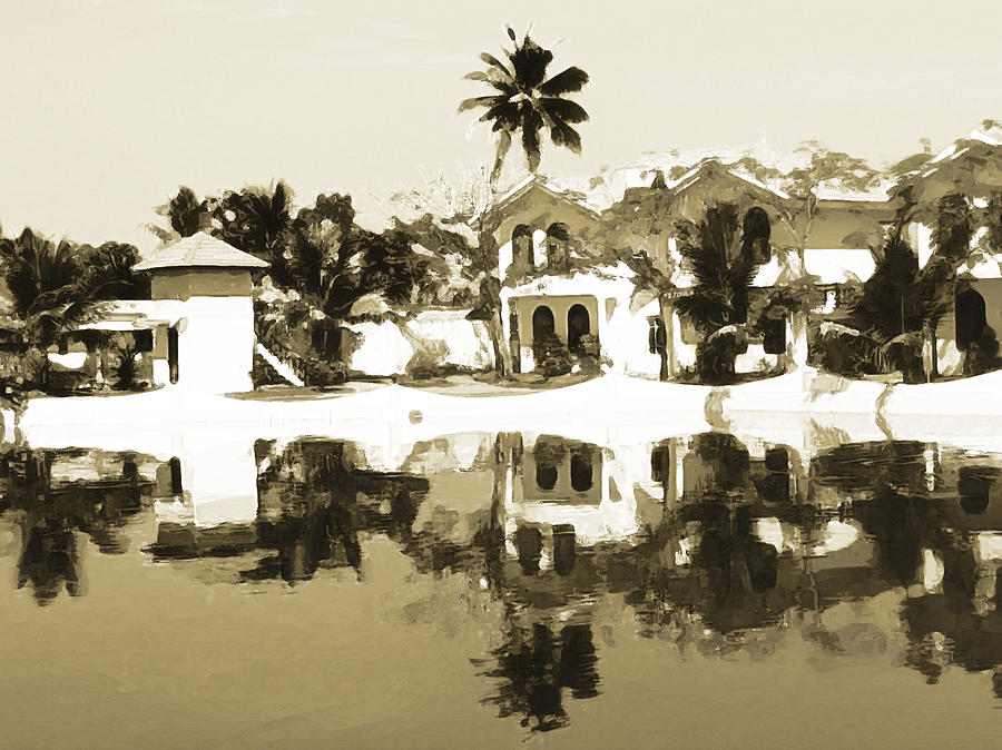 View of the cottages and lagoon water in Alleppey Digital Art by Ashish Agarwal