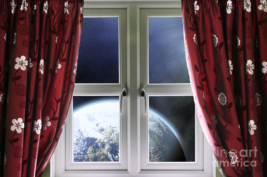 View of the Earth through a window with curtains Photograph by Simon Bratt