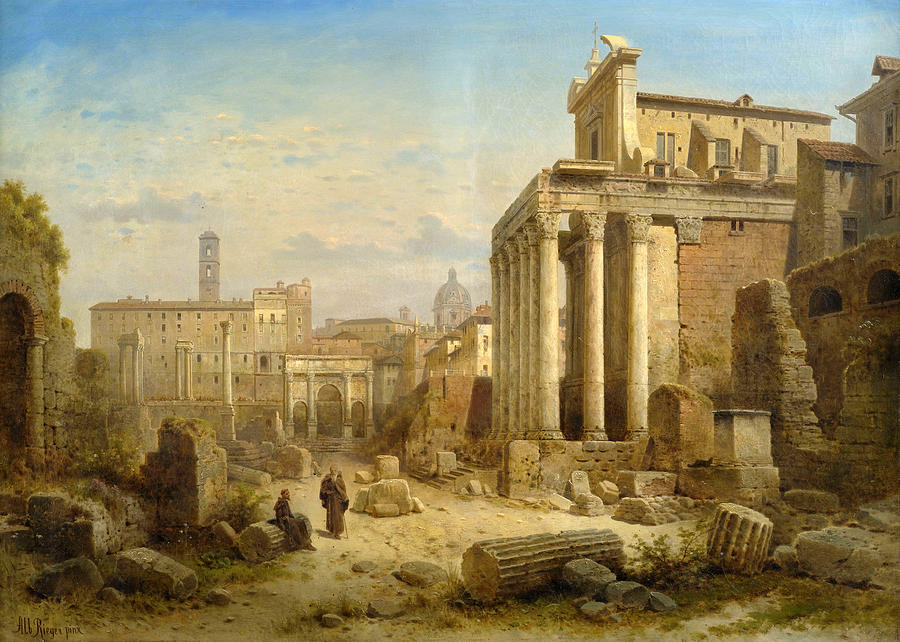 Beautiful Painting - View of the Forum Romanum with the Arch of Septimius Severus and the Temple of Faustina and Antonius by Albert Rieger