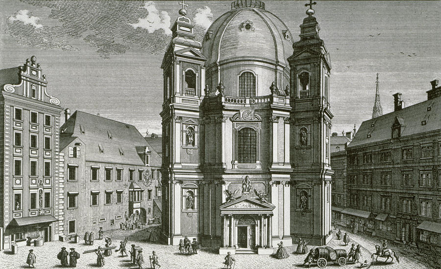 Black And White Drawing - View Of The Peterskirche, Vienna Engraved By Johann Bernard Hattinger by Salomon Kleiner