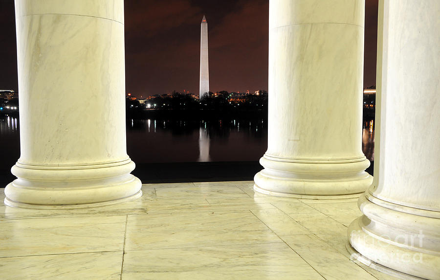  Washington Monument and Jefferson Memorial at Night Photograph by Gary Whitton